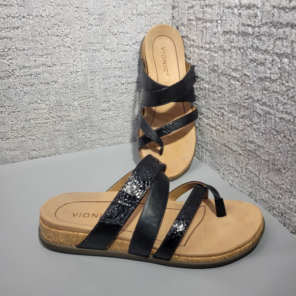 Vionic Anelle Womens Size US 8 Black Patent Lizard Print Synthetic Slide Sandals